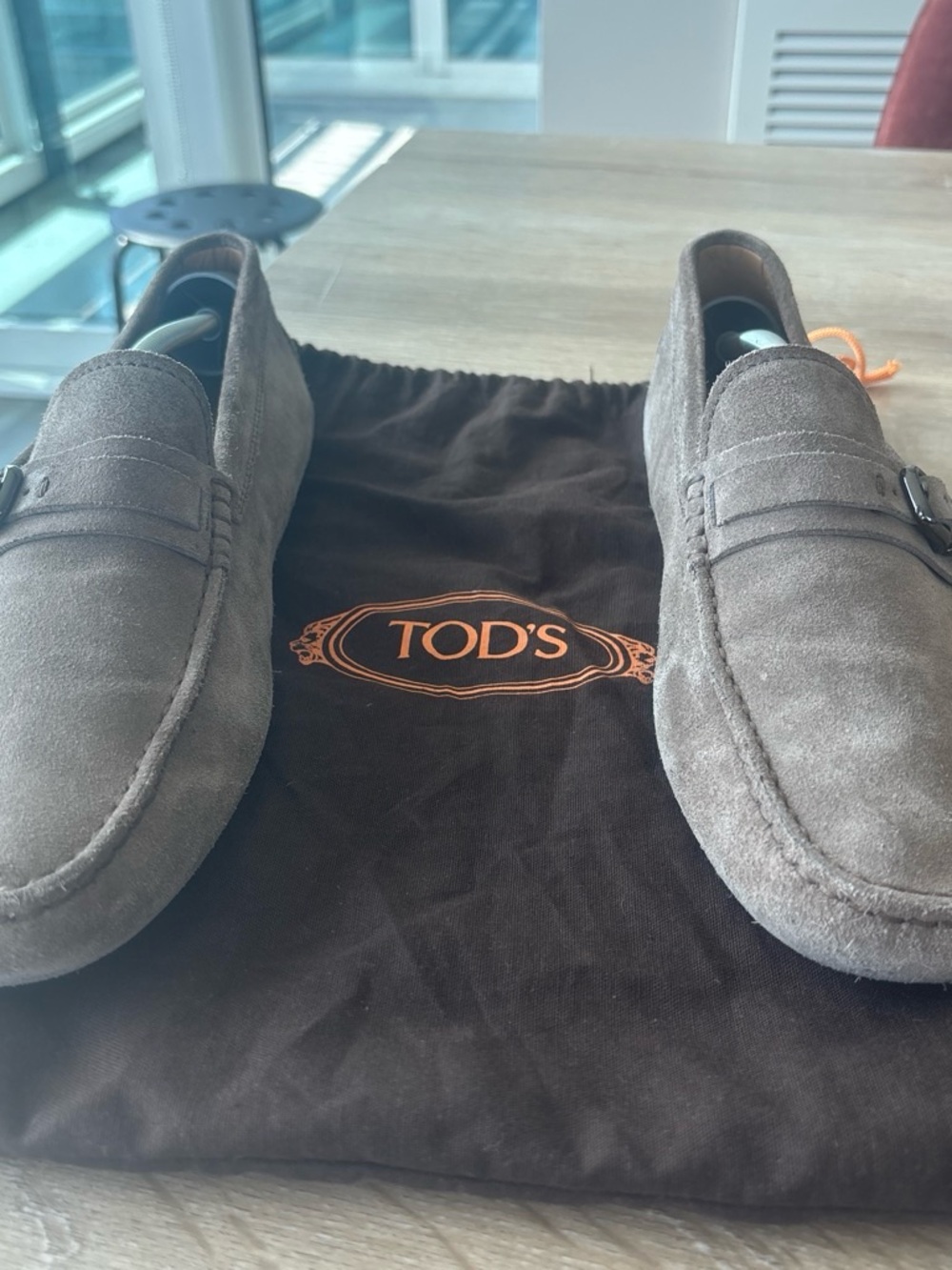 Tod's Taupe Suede Penny Loafers with Small Metal Bit
